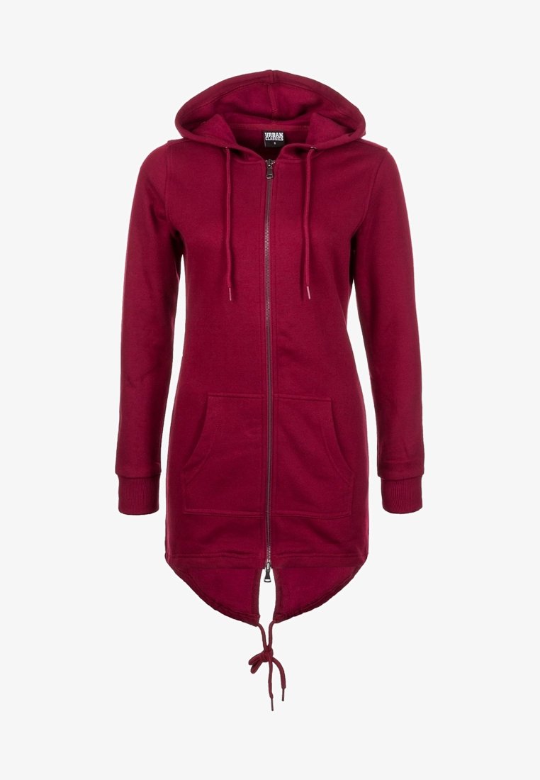 Chaqueta con capucha burdeos, con cremallera y mangas largas, bolsillos frontales y dobladillo con cordón. Tejido suave con puños y dobladillo acanalados.