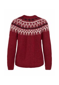 Pull en tricot rouge avec un col rond, présentant un empiècement décoré de motifs en blanc et noir. Ourlet et poignets côtelés, tissu texturé.