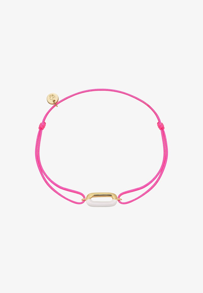 Rožinė virvė su auksinės spalvos ovaliu centru ir baltu akcentu. Pridėta mažas auksinis žavesys arčiau užsegimo.