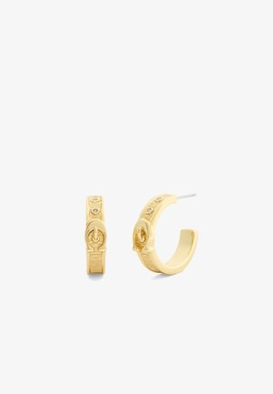 Gold hoop earrings with textured band, buckle detail, and small embedded crystals, one shown front-facing and the other side-facing.