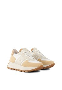 Beige and white sneakers with suede and mesh accents, padded tongue, round toe, and a thick gum sole. "Bogner" logo on the side.