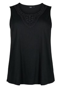 Czarny bezrękawnik z okrągłym dekoltem, z trójkątnym wzorem koronkowym w kwiaty na klatce piersiowej, rozmiar medium.