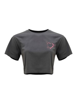 Donkergrijze cropped T-shirt met korte mouwen en een kleine roze hart- en ringafbeelding op de linkerbuste.