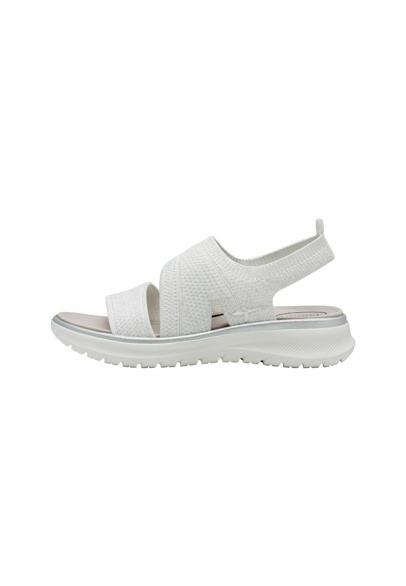 Weißer Sandale mit elastischen Riemen, strukturiertem Obermaterial, gepolsteter Sohle und einem leichten Absatz. Leichtes Design mit einer flexiblen Laufsohle für Komfort.