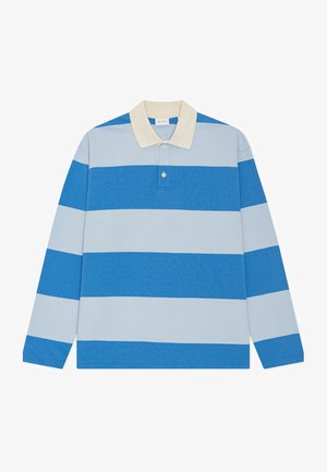 Kék és világoskék csíkos hosszú ujjú galléros póló krémszínű gallérral és egyszerű gombos részel. Puha, texturált pamut anyagból.