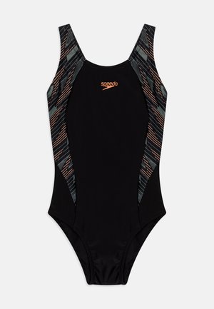 Must musträhk swimsuit, millel on halli ja oranži mustriga külgdisain, sobiv lõige ja paksud õlapaelad. Speedo logo rinnal.