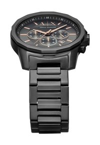 Montre en acier inoxydable noir avec un boîtier octogonal, un cadran noir, des accents en or rose, des sous-cadrans chronographes et un bracelet à maillons.