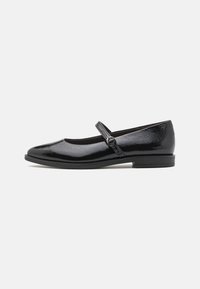 Black patent leather Mary Jane shoe with a rounded toe, flat sole, and a strap featuring a button detail for secure fastening.