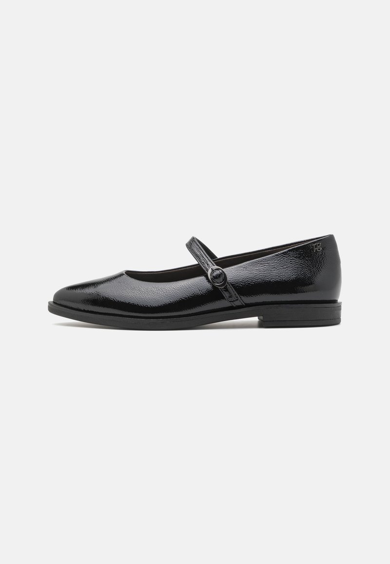Black patent leather Mary Jane shoe with a rounded toe, flat sole, and a strap featuring a button detail for secure fastening.