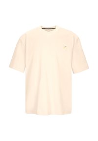 Korte mouwen crème t-shirt van katoen, met een klein, multicolored logo op de linkerkant van de borst. Klassieke ronde halslijn en een comfortabele pasvorm.