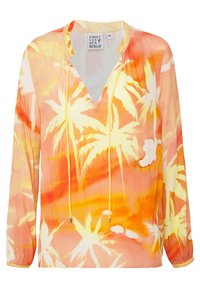 Lekka bluzka z długim rękawem z intensywnym nadrukiem palm w kolorze pomarańczowo-żółtym, z dekoltem w serek oraz żółtymi akcentami w postaci sznurków.