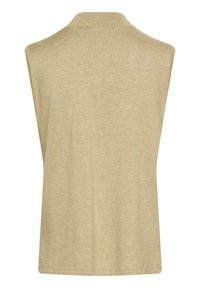 Mouwloos beige top met een hoge kraag, gemaakt van zacht materiaal; heeft een effen textuur en minimalistisch ontwerp, zonder enige versieringen.
