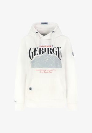 White hoodie made of soft fabric, featuring a graphic design with mountains, red and black text, and a front pocket. Adjustable drawstring hood.