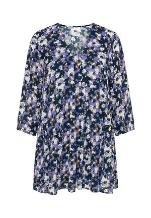 Ulla Popken, BLUSE, BLÜTEN, GODETFALTEN, A-LINIE, V-AUSSCHNITT, 3/4-ARM - Bluse - purple