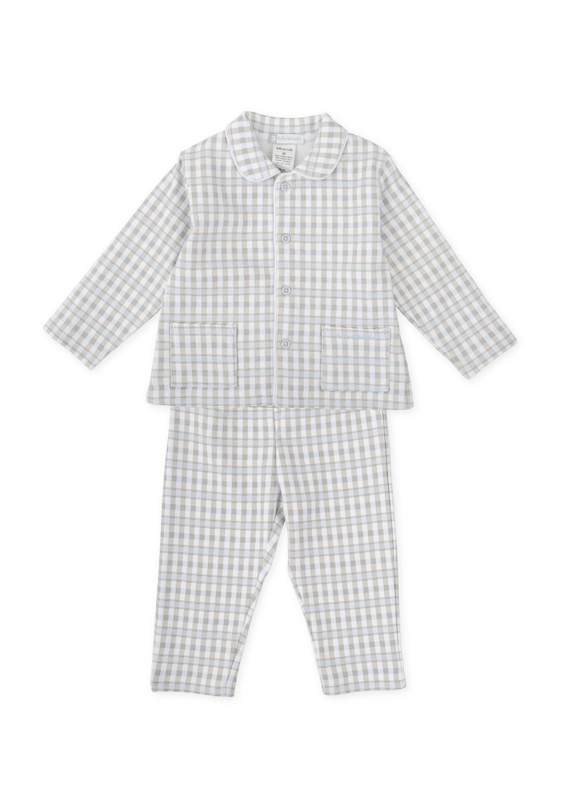 Conjunto de pijama de algodón ligero en un suave patrón de cuadros en gris y blanco. Presenta una camisa con cuello y pantalones de cintura elástica con bolsillos.