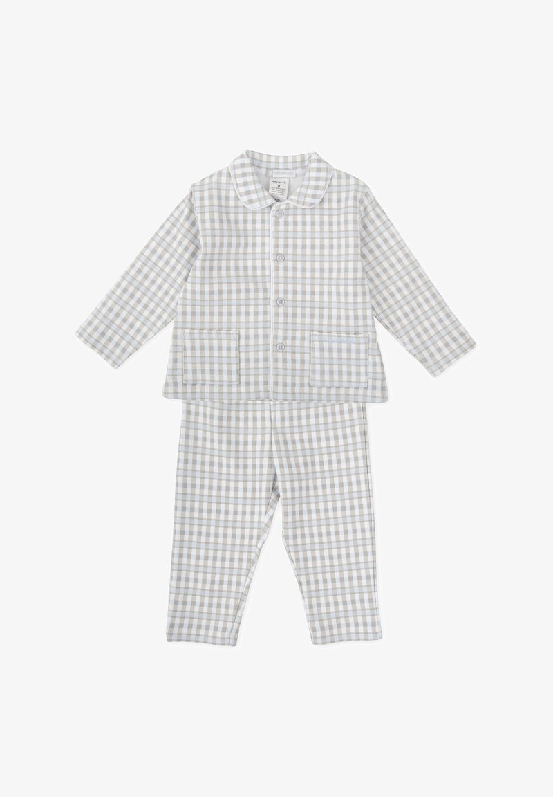 Conjunto de pijama de algodón ligero en un suave patrón de cuadros en gris y blanco. Presenta una camisa con cuello y pantalones de cintura elástica con bolsillos.