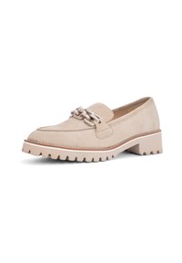 Beige suede loafers with a chain accent, textured upper, and a block heel. Notched sole with a white trim detail.
