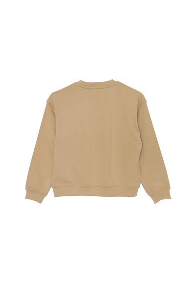 Felpa beige a maniche lunghe e collo rotondo disposta piatta, mostrando il lato posteriore con polsini e orlo a costine.
