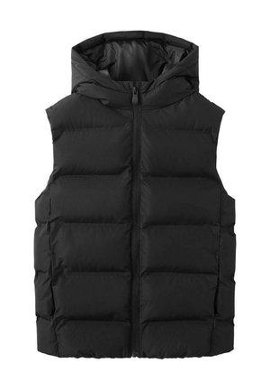 Veste sans manches matelassée noire avec capuche, dotée d'une fermeture éclair à l'avant, d'un design matelassé avec des sections rectangulaires et d'une finition lisse et mate.