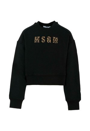 Sweatshirt noir court avec un col et des poignets côtelés. Présente un logo imprimé "MSGM" en imprimé léopard. Tissu doux, coupe décontractée.