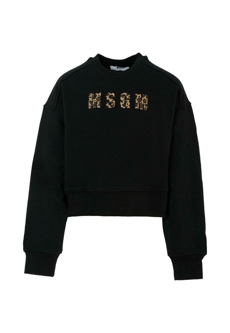 Felpa nera corta con colletto a coste e polsini. Presenta il logo stampato "MSGM" in stampa leopardata. Tessuto morbido, vestibilità rilassata.