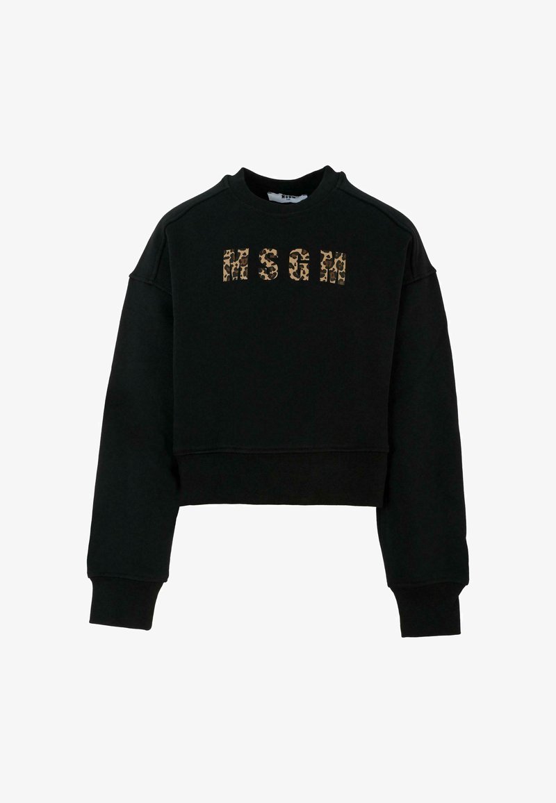 Sort cropped sweatshirt med ribbet hals og manchetter. Har trykt "MSGM" logo i leopardprint. Blødt stof, afslappet pasform.