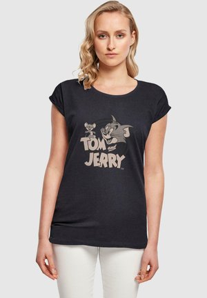 Schwarzes T-Shirt mit einem grafischen Aufdruck der Cartoon-Charaktere Tom und Jerry. Kurze Ärmel und ein runder Halsausschnitt, aus weichem Stoff gefertigt.