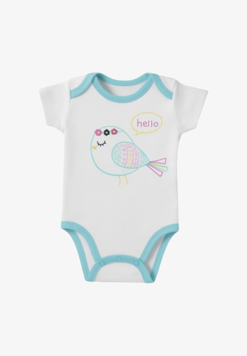 Body a maniche corte bianco con bordi turchesi, con una grafica colorata di un uccello e la parola "ciao" in una nuvoletta.