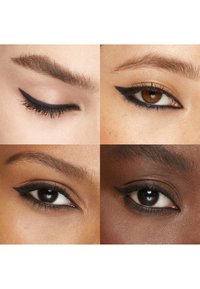 Four close-up views of eyes showcasing black winged eyeliner. Varied skin tones and eyebrow shapes, with detailed lash and eyeliner texture.