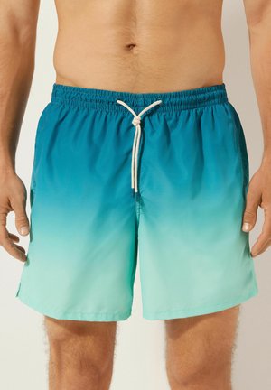 Svømmetr trunks i en gradient fra teal til aqua, med elastisk talje og hvid snor samt sidelommer. Glat, letvægtsstof.