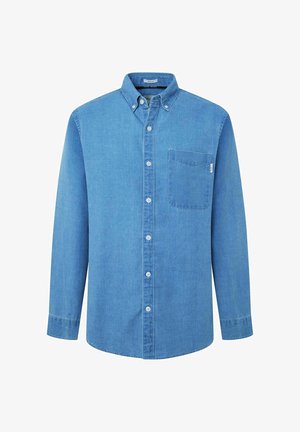 Gai zils džinsu krekls ar pogu uz leju, garām piedurknēm, priekšējo kabatu un baltām pogām. Gluda tekstūra un ikdienišķs dizains.