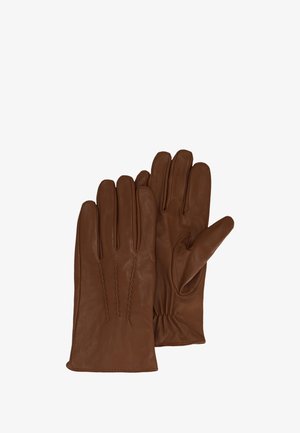 Bruine leren handschoenen met een gladde textuur, voorzien van drie gestikte lijnen aan de achterkant en een elastische pols voor een aansluitende pasvorm.