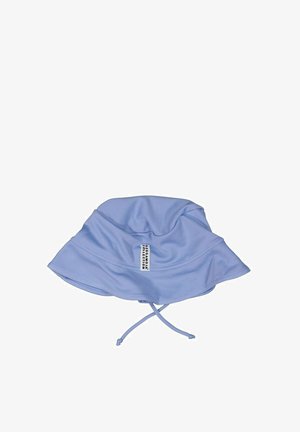 Lyseblå bøllehat lavet af blødt stof med en bred skygge. Har en snor til justering og et mærke på siden.