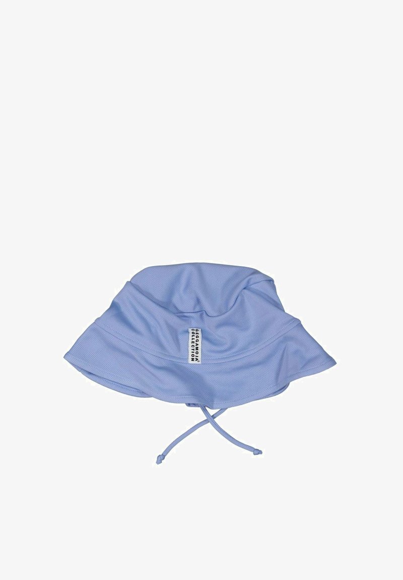 Valkoinen sininen ämpärilakki, joka on valmistettu pehmeästä kankaasta ja jossa on leveä lippa. Sisältää säädettävän narun ja sivussa on etiketti.