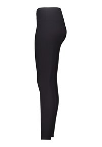 Leggings neri a vita alta realizzati in tessuto a coste. Forma aderente con una consistenza liscia e senza motivi o dettagli hardware visibili.