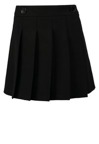 Jupe plissée noire en tissu à texture lisse. Comprend deux boutons noirs à la taille et une silhouette en ligne A.