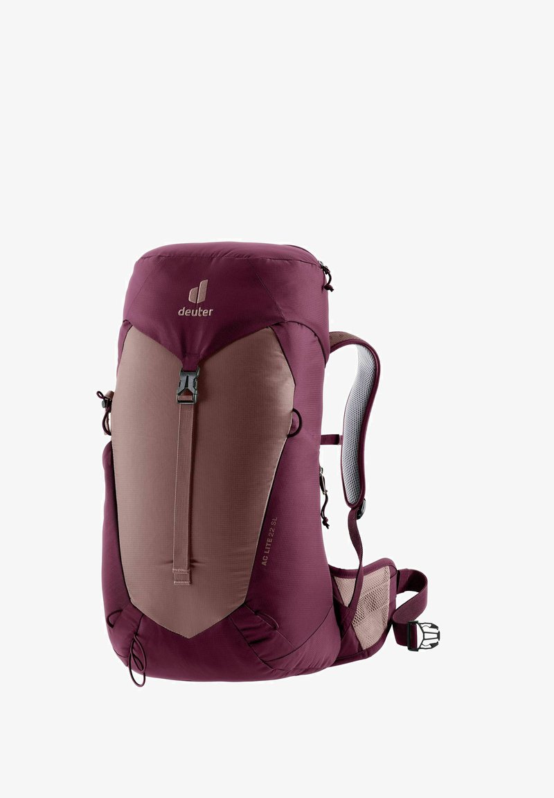 Backpack in deep burgundy with gray accents, featuring padded shoulder straps, a top closure, and side mesh pockets for gear storage.
