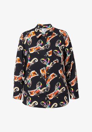 Camisa negra de botones con un patrón abstracto colorido de cabeza de cabra, mangas largas, cuello y un bolsillo en el pecho.