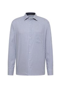 Camicia a maniche lunghe a righe blu e bianche con colletto button-down, tasca frontale e tessuto decorato all'interno del colletto. Realizzata in morbido cotone.