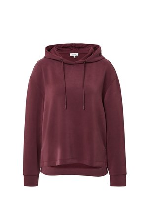 Bordowy długi rękaw hoodie z przednimi sznurkami, ściągaczami przy mankietach, opadającymi ramionami oraz nieco dłuższym tylnym dołem.