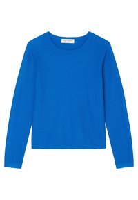 Maglione blu a maniche lunghe in maglia testurizzata con scollatura rotonda, orlo dritto e etichetta del marchio all'interno del colletto.