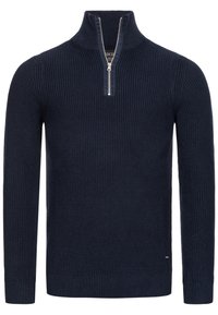 Granatowy sweter z dzianiny z wysokim kołnierzem i pół-zamkiem, z teksturą w prążki i długimi rękawami, wykonany z elastycznego materiału.
