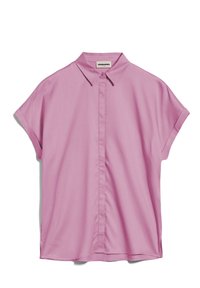 Short-sleeve lilac blouse with collar and hidden button placket, laid flat against white background.