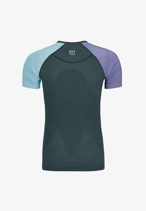 Short-sleeve athletic shirt with a dark green body, light blue and purple shoulder panels, featuring a textured back design and logo.