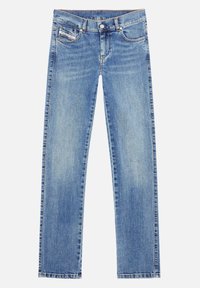 Blå denimjeans med rak passform, framfickor, hällor och synliga sömmar. Lätt tvättad med en mild blekning över hela plagget.