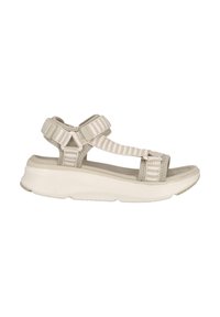 Lätt, beige sandal med texturerade remmar, justerbara stängningar och en vadderad, böjd vit sula för komfort och stöd.