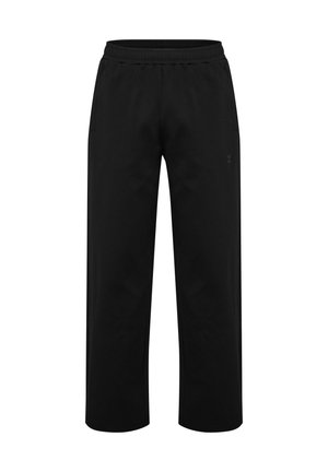 Czarne spodnie o luźnym kroju z elastycznym pasem, prostymi nogawkami i subtelnym logo na prawej udzie.