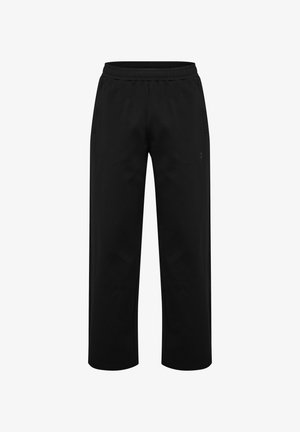 Sorte løstsiddende bukser med elastik i taljen, lige ben og et diskret logo på højre lår.