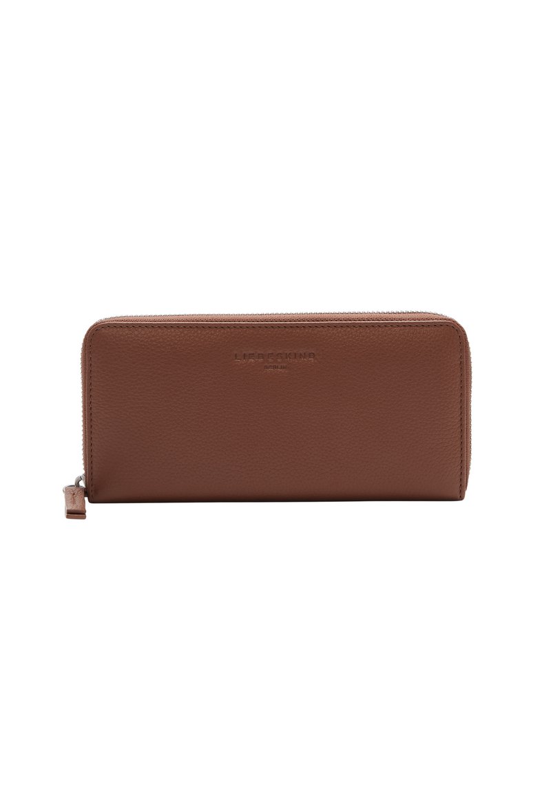 Brown leather wallet with a textured finish, zip closure, and a subtle embossed logo on the front. Rectangular shape, compact design.