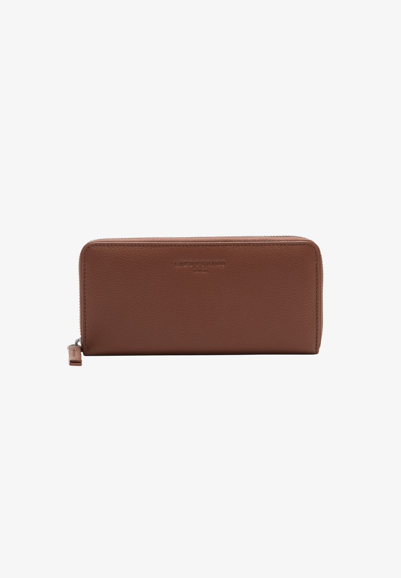 Brown leather wallet with a textured finish, zip closure, and a subtle embossed logo on the front. Rectangular shape, compact design.
